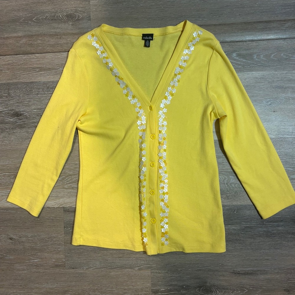 Rafaella Yellow Cardigan Floral Embellished‎ Button Down V Neck Top S
